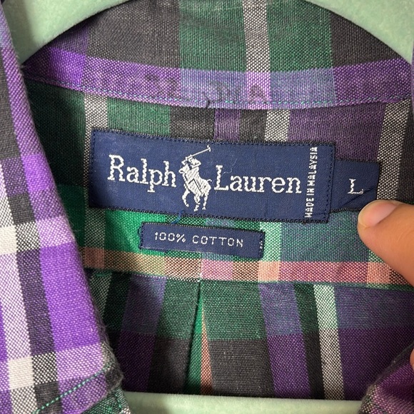 Ralph Lauren 100% Cotton Button Down Shirt Long Sleeve Purple Green size Large - Picture 3 of 7